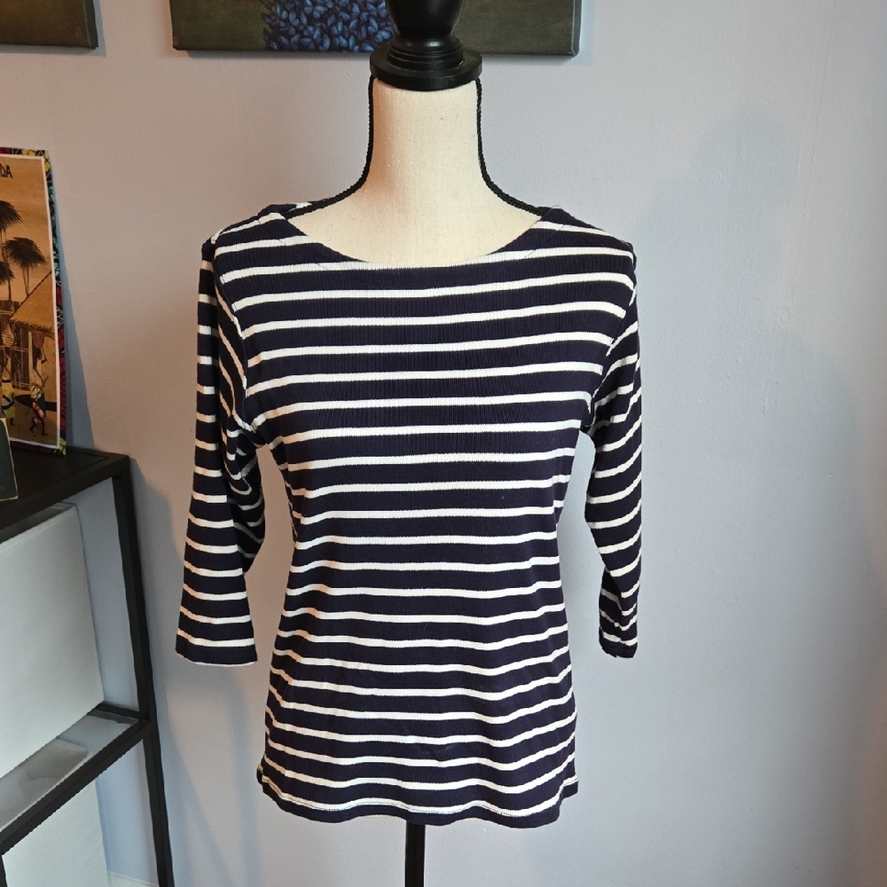 LL Bean Navy and White Striped Women's Knit Top  Heritage Preppy Nautical